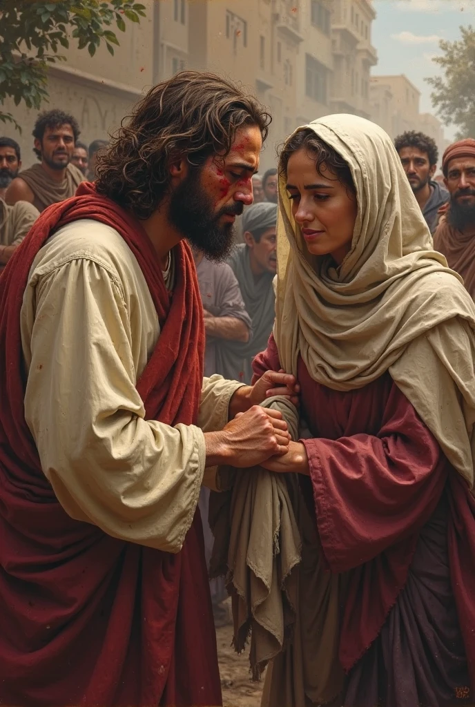 Jesus is depicted as He carries the Cross through the crowded streets of Jerusalem, struggling under its immense weight. His face shows signs of exhaustion and pain, and His white robe, stained with blood and dirt, clings to His battered body. He still wears the crown of thorns on His head, with the sharp thorns digging into His scalp, causing blood to trickle down His forehead and mix with sweat. As He moves forward, He encounters His Mother, the Virgin Mary, standing amidst the crowd. Mary is shown with a look of deep sorrow and anguish, her hands reaching out towards her Son. She is dressed in simple, modest attire, her expression a poignant mix of compassion and grief. The scene captures the emotional intensity of their encounter, with Jesus and Mary exchanging a brief but powerful gaze. The background remains the same dusty, crowded streets of Jerusalem, under an overcast sky that mirrors the somber mood. This moment highlights the profound emotional and spiritual connection between mother and Son amidst the suffering and pain.