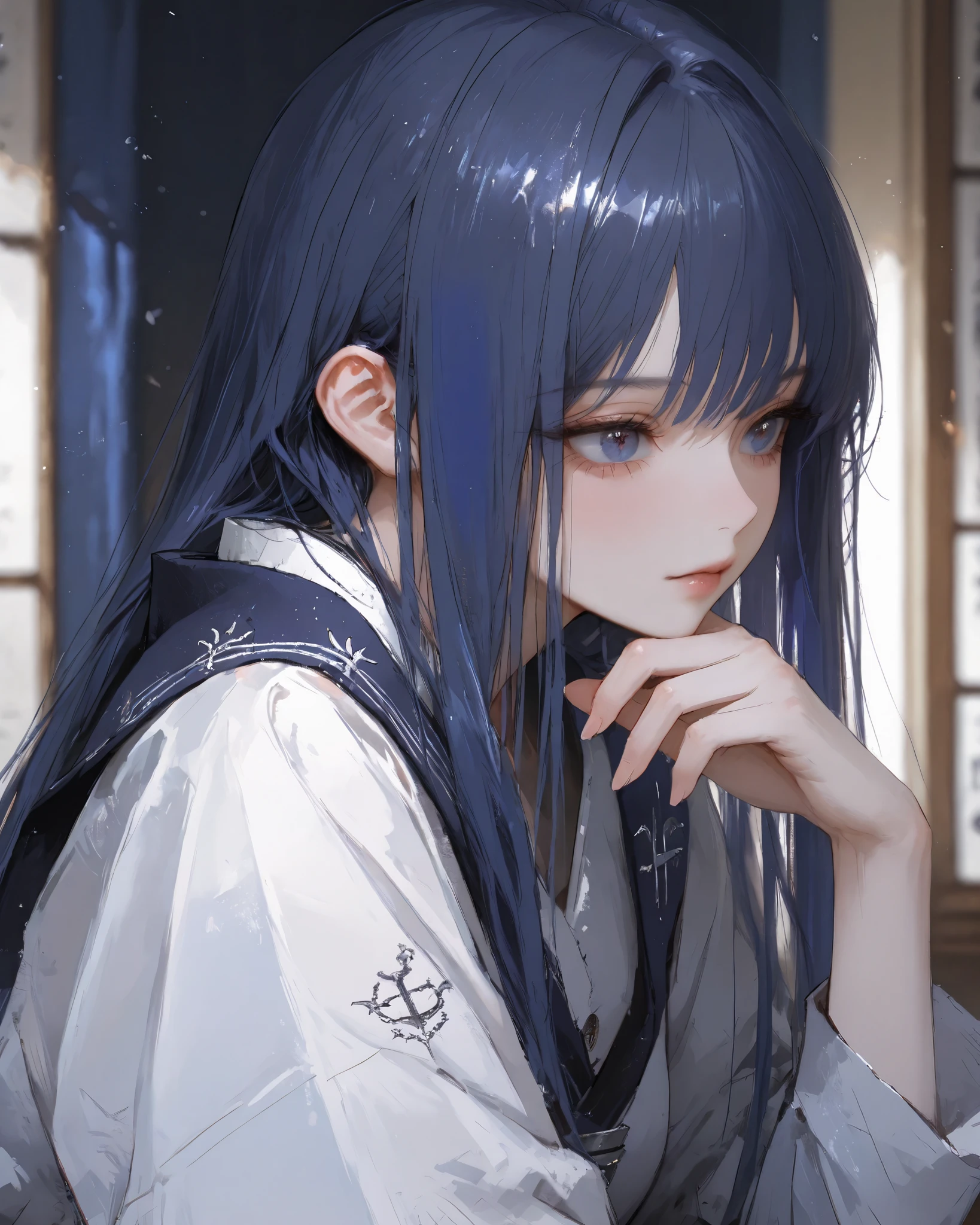 depth of field, masterpiece, best quality,good quality,average quality,very beautiful,absurd,ultra-high resolution,32K UHD, masterful details,newest,year 2024,year 2023,
1 girl,dark navy blue hair, long straight hair, deep and dark navy blue eyes, a gentle impression, and a wistful expression.