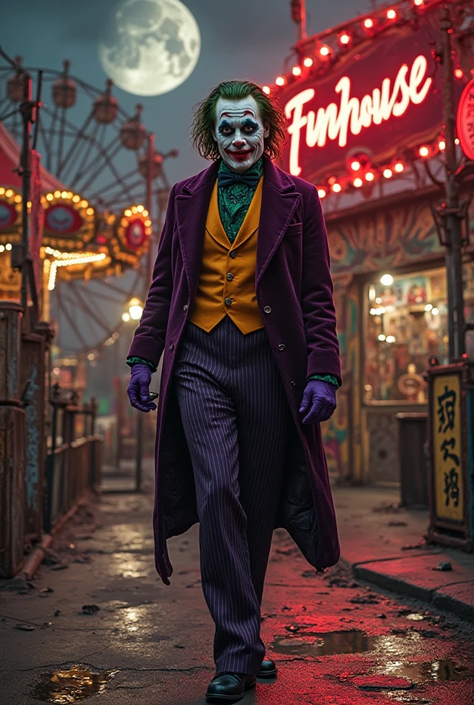 A full body (8k, RAW photo, best quality, masterpiece:1.2), ultra detailed, official art, photo-realistic:1.37, upper body shot, DC Joker as Beetlejuice, film grain, action pose