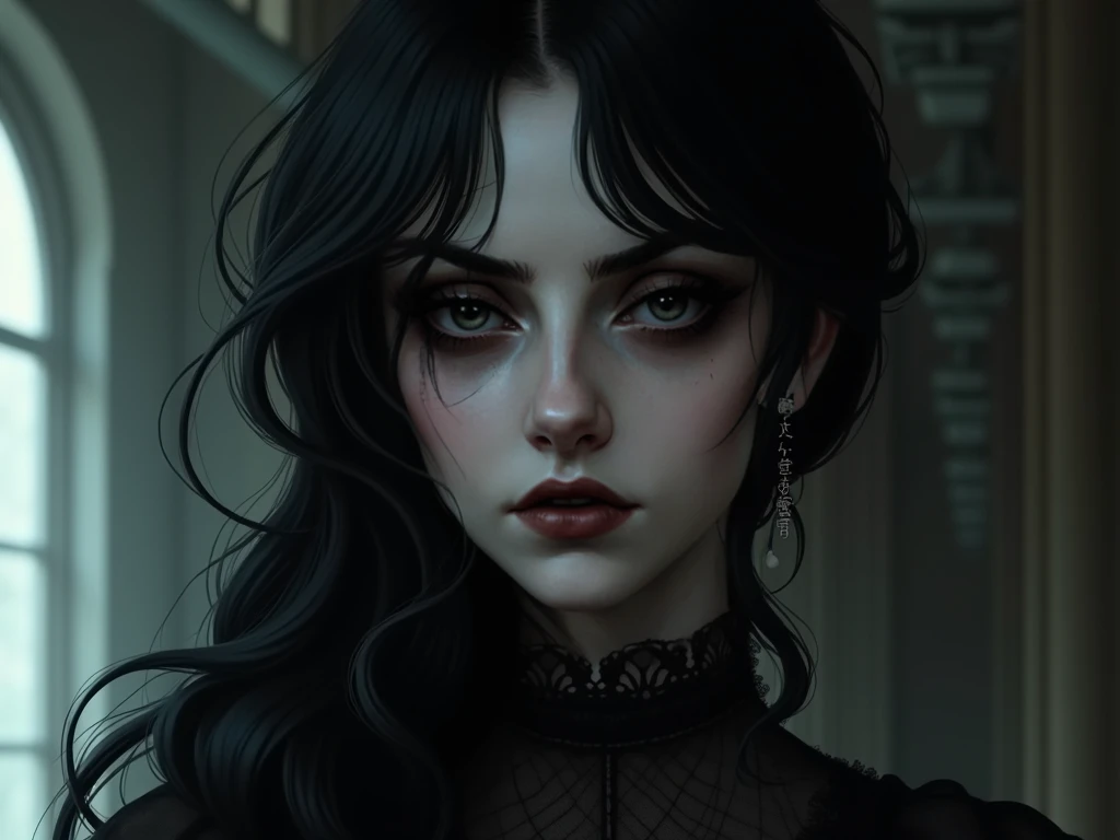 beautiful busty Meghan fox goth girl, detailed eyes, detailed lips, detailed face, long eyelashes, black lipstick, dark makeup, pale skin, dark hair, goth fashion, dark clothes, black dress, lace, choker, moody lighting, dark background, cinematic lighting, dramatic colors, rich textures, high quality, 8k, photorealistic, intricate details, digital art