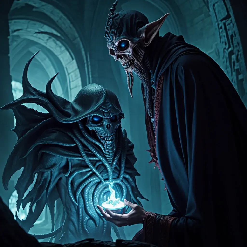A lich mind flayer devouring an elf