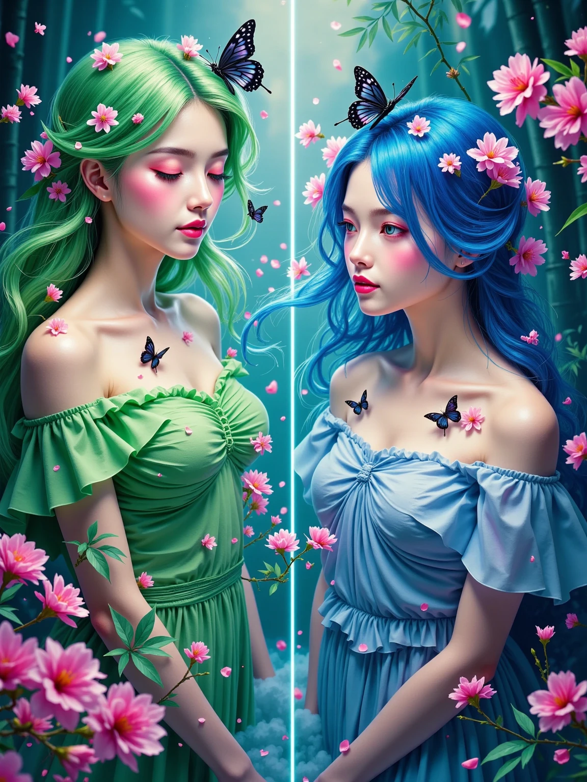 with blue-pink hair and peacock feathers, inspirado em Nari Hiko-kun, sociedade cg, 🌺 estilo anime. 8k, estilo anime 3D, popular em CGSTATION, 8k high quality detail art, arte em estilo guvez, estilo de arte de fantasia, estilo anime 3D realista, anime inspiration, estilo anime mixed with Fujifilm