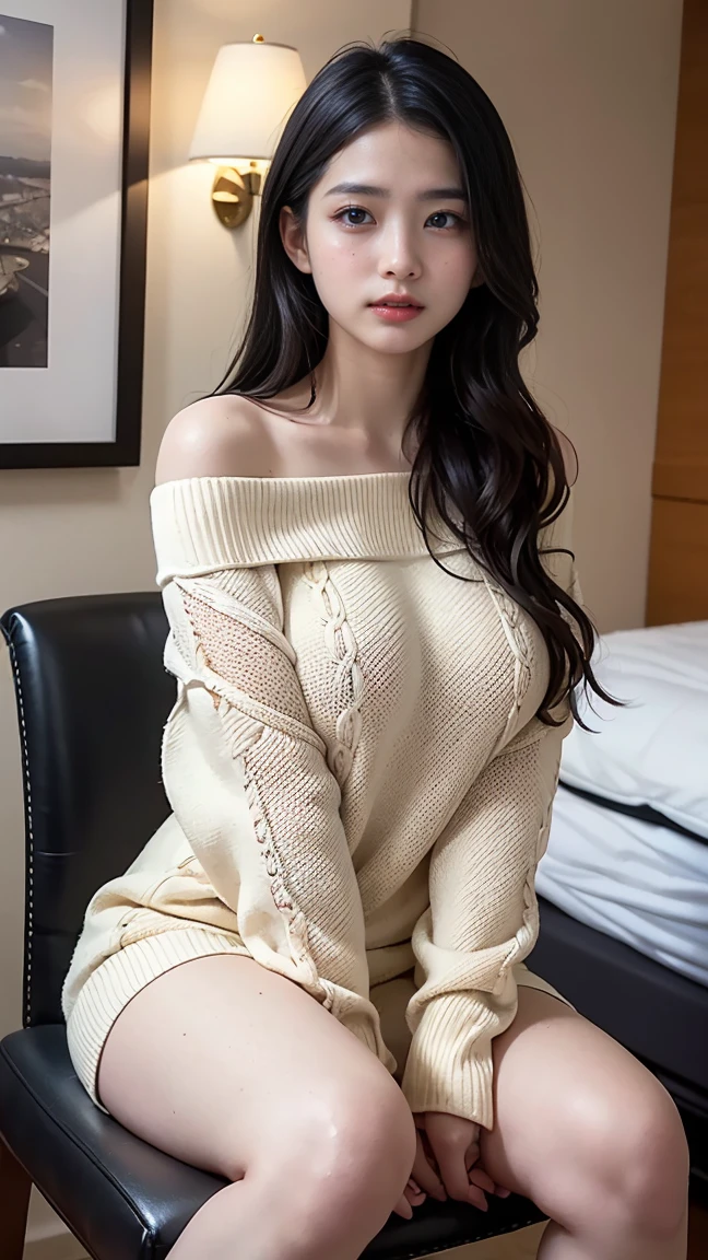 masterpiece, yor, 1girl, solo, looking at viewer, open mouth, black hair, red eyes, dress, bare shoulders, jewelry, collarbone, sidelocks, hairband, earrings, indoors, off shoulder, :o, sweater, arms behind back, plant, short hair with long locks, white hairband, off-shoulder dress, sweater dress, off-shoulder sweater, red sweater, big side hair, very long side hair,is rendered in (masterpiece: 1.2, best quality), with (ultra high resolution) and an exquisite (depth of field). This masterpiece is not only visually stunning but also tells
