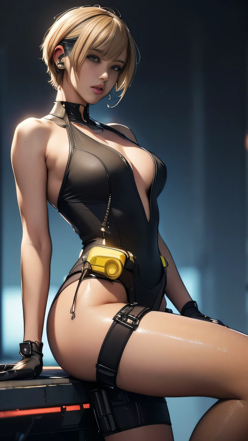 (A woman),(((A female special forces member stands))),((Yellow tactical High leg bodysuit:1.5)),((earphone:1.5)),((Tactical Holster:1.5)),(Gloves:1.5),(Serious:1.5),(Super short hair:1.5),(bionde:1.5),(beautiful eyes:1.3),(Very detailedな顔:1.5),((Very detailed drawing of a female hand:1.5)),((muscular:1.5)),(Sexy appearance:1.5),((Thick thighs:1.5)),(Beautiful Body:1.5),((Very sensual:1.5)),(The backdrop is a futuristic city:1.5),(Cyberpunk atmosphere:1.5),(((Blurred Background:1.5))),(Written border depth:1.5),rest(((masterpiece:1.5),(best quality:1.5),(Very detailed:1.5),(high resolution:1.5),(Practical:1.5),(Practical:1.5),(Delicate depiction),(Carefully drawn))),8k,wallpaper