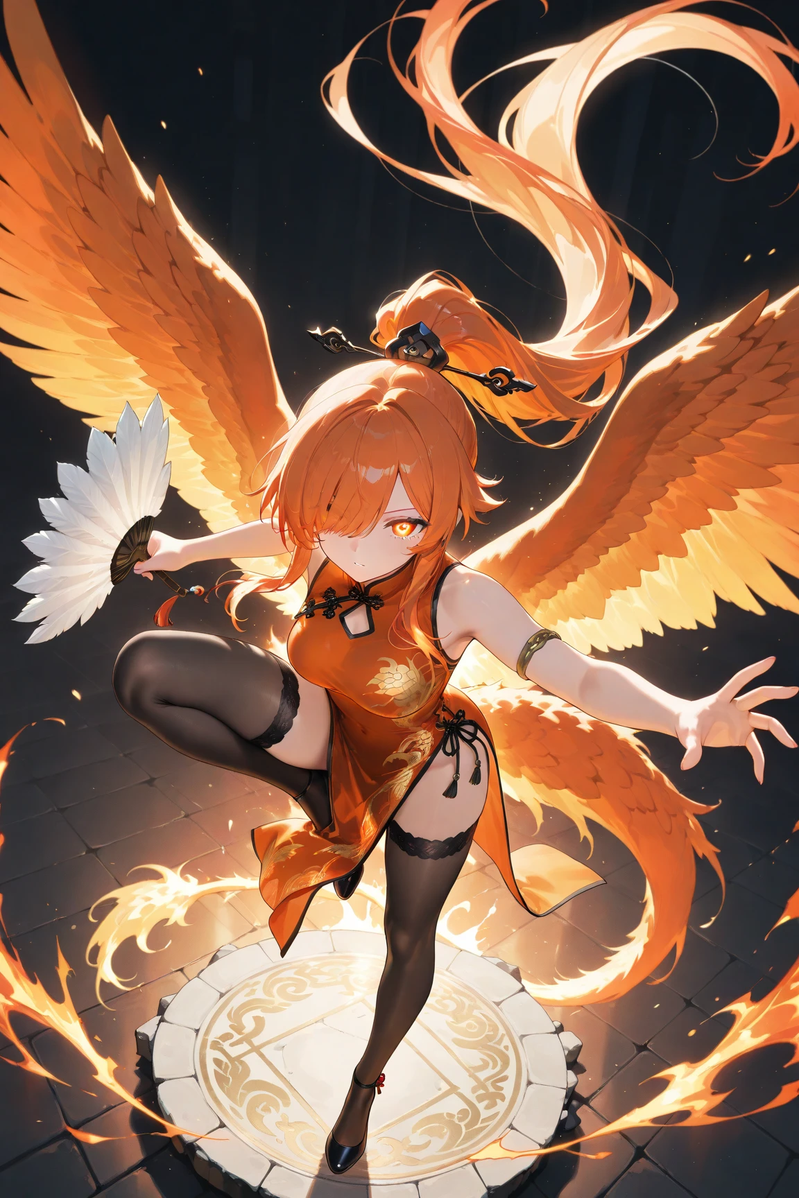 ((masterpiece, best quality, amazing quality, hyper-detailed)), (absurd, very aesthetic), (hyper-detailed background, lighting), (1woman, Hidden in one eye & very long ponytail, Intelligent Eyes, beautiful eyes, A lively expression, BREAK, Phoenix Wings, Phoenix Tail), BREAK, tite  red-Chinese dress, Gold and orange embroidery, black stockings, BREAK, (Flame Feather Fan, Fighting pose, Kung Fu Stance, artistic shapes\, BREAK, BREAK, dynamic pose, from above,  fire & light Aura