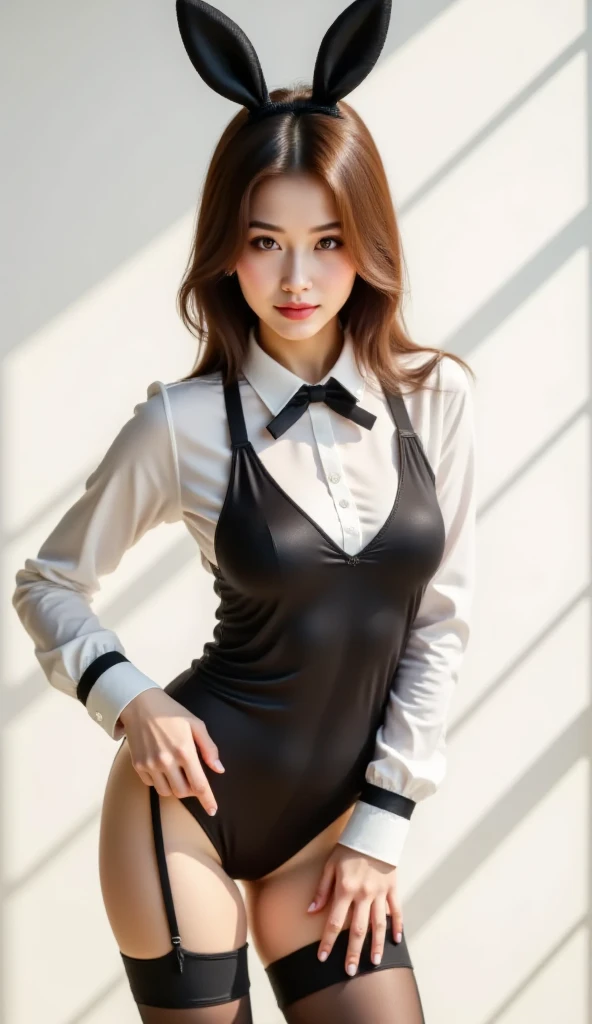 masterpiece, Highest quality, Realistic, Highly detailed CG integrates 8K, 8K,(Very beautiful face, Beautiful Lips, Beautiful Eyes), Exquisitely detailed face,1 Girl, Very beautiful girl,Exquisite eye makeup,Subtle eye detail,The best example of four fingers and one thumb,Toned figure,Nice and beautiful smile,明るいLong Hair,transparent, Quality hair,(masterpiece, Highest quality:1.2),alone,The eyes are exquisite and delicate,Brown Hair、Long Hair、Pink Lips,blue eyes,Big Breasts、Wavy Hair、(((A dull black bunny girl suit、One-piece clothing、Fishnet tights、casino)))、Japanese、25-year-old female