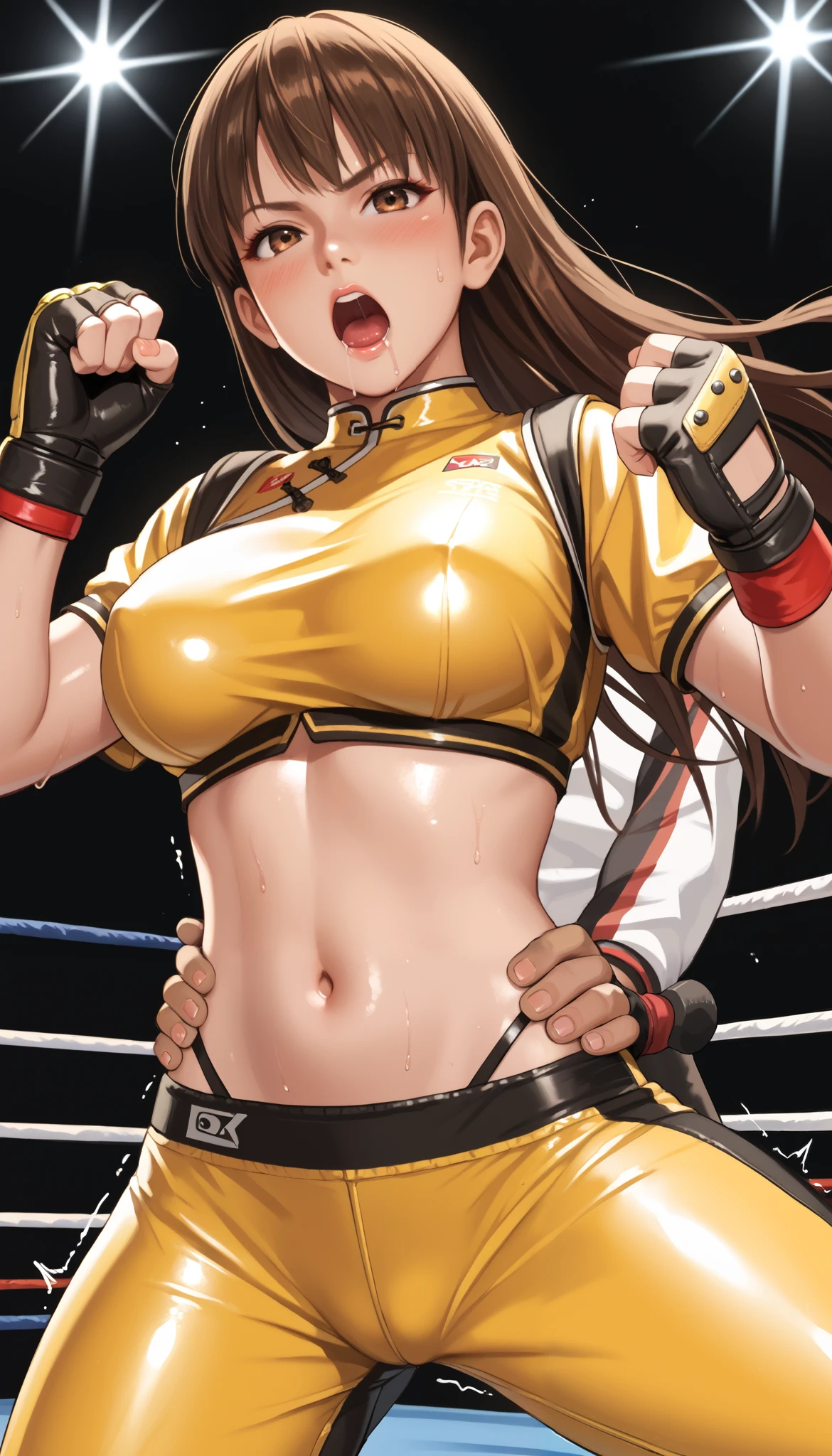 LeiFangDOA, brown hair, (long brown straight hair:1.5), shiny crop top, shiny yellow leggings, short sleeves, fingerless gloves, breasts, gasp, be breathless, sweat, sparkling sweat, trembling, brown eyes, breasts, looking at viewer, [[angry]], blush, {anguish}, {{shameful}}, wrestling ring, man’s left hand grabbing her waist and right hand grabbing her breast s from behind:1.6, nsfw, exposed black string panties:1.4, pull down pants:1.5, covered nipples:0.1, half-closed eyes, open mouth, looking up, drooling, empty eyes, fighting stance, leg up, kicking,
