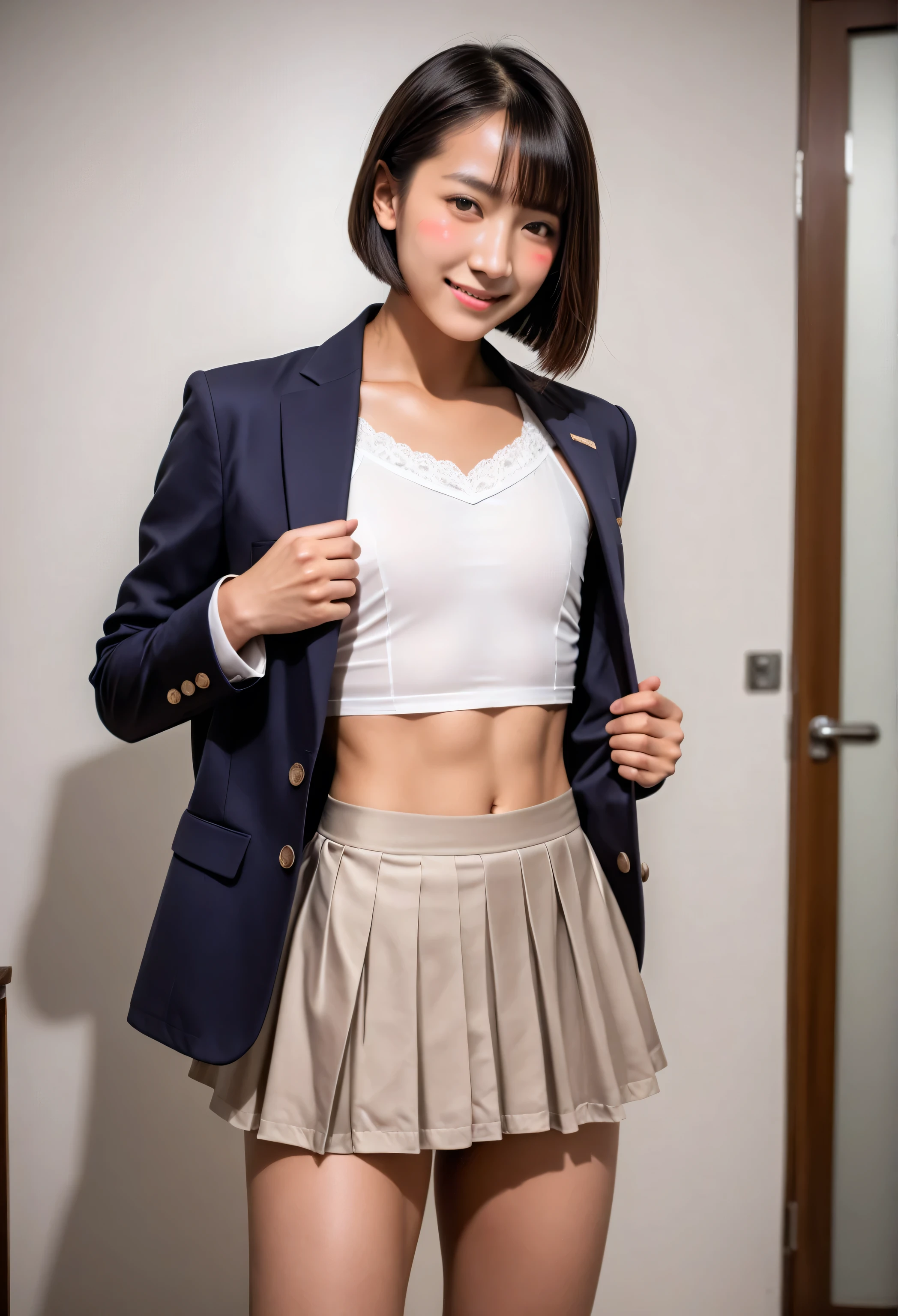 score_9, score_8_up, score_7_up, rating_explicit, BREAK source_real, (photo realistic, ultra detail, realistic skin, Fair-skinned:1.4), BREAK 1 woman,22 years old,Asian,Japanese idol, small face,(blushing:1.3), (dark blonde short hair:1.4),(lob cut hair:1.2),(athlete body,six pack,muscular),tan skin,tan_lines,(wearing navy blazer,White blouse,skirt:1.4),(flat chest),camel_toe,beautiful detailed brown eyes,(blushing:1.3),(dressing room:1.2),(Standing,model pose),smile,(from front:1.2),