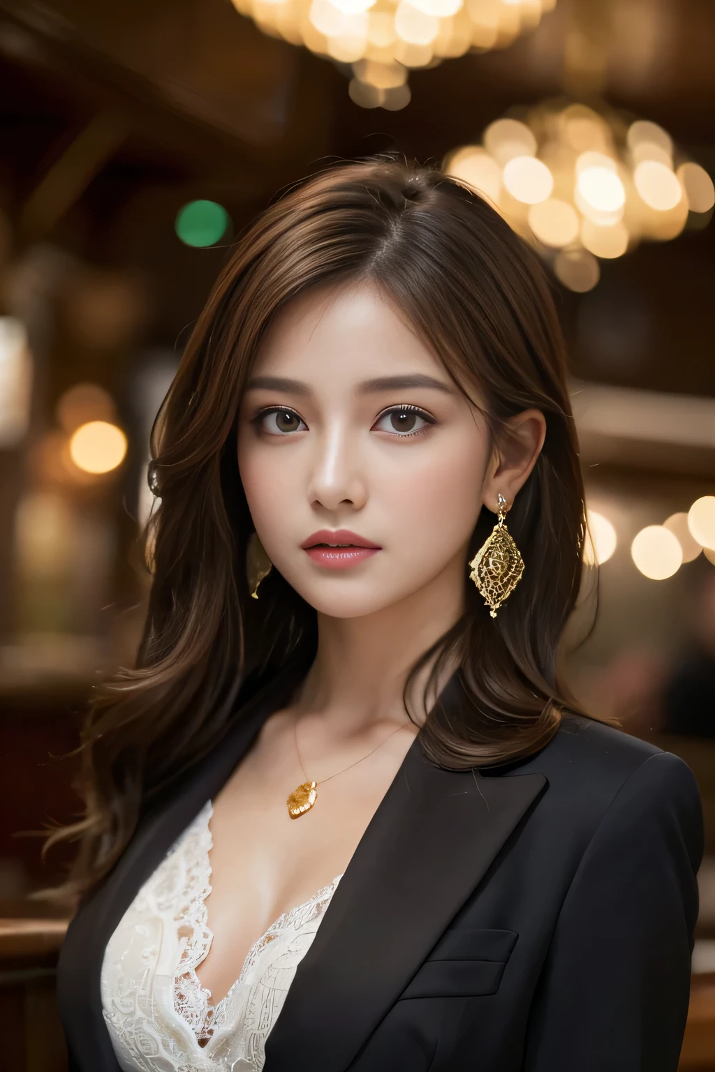 masterpiece, Highest quality, Realistic, Very detailed, Finer details, High resolution, 8k wallpaper, One beautiful woman, Wear an elegant silk shirt, In a great restaurant, At night, Light brown messy hair, Perfect dynamic composition, Beautiful and beautiful eyes、Big earrings、chest、