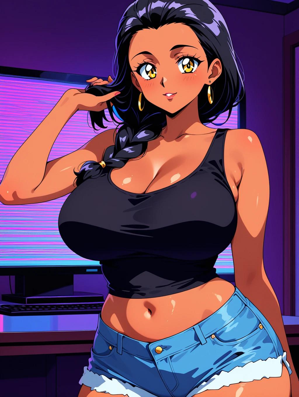 Realistic Anime-Style Purple Big Eyes, mano con 5 dedos acomodada sobre el cabello