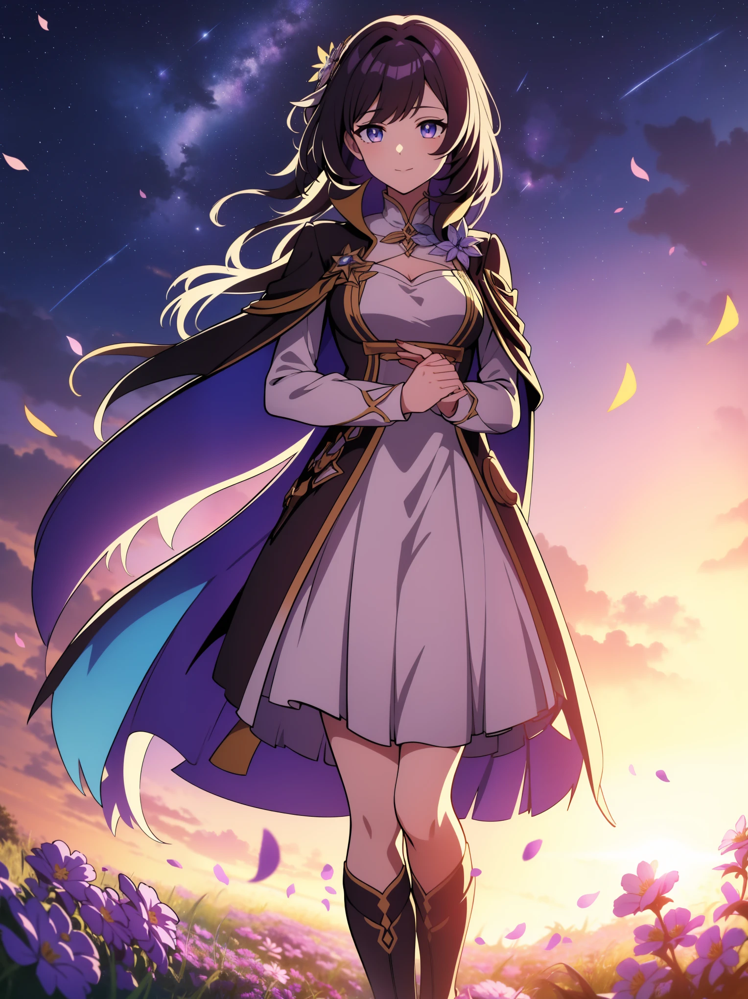 (high-quality, breathtaking),(expressive eyes, perfect face) portrait, 1girl, female, solo, young , black hair, pink eye color, medium hair length, soft wavy hair, gentle smile, loose hair, side bangs, looking at viewer, portrait, medium full shot, happy expression, ribbon in hair, flower in hair, fantasy clothing, elegant, mature, height 4"3, adventurer attire, warlock attire, warlock profession, short height, Dungeons & Dragons character, jacket, dress, cape, winged cape, Firefly Honkai Star Rail Character, starry sky, dawn in the distance, shooting stars, backgroound, flower field, scenary, cloudy sky, grass, trees, flower petals, leafs, blue flower, purple flower, white flower, field, standing in field of flowers