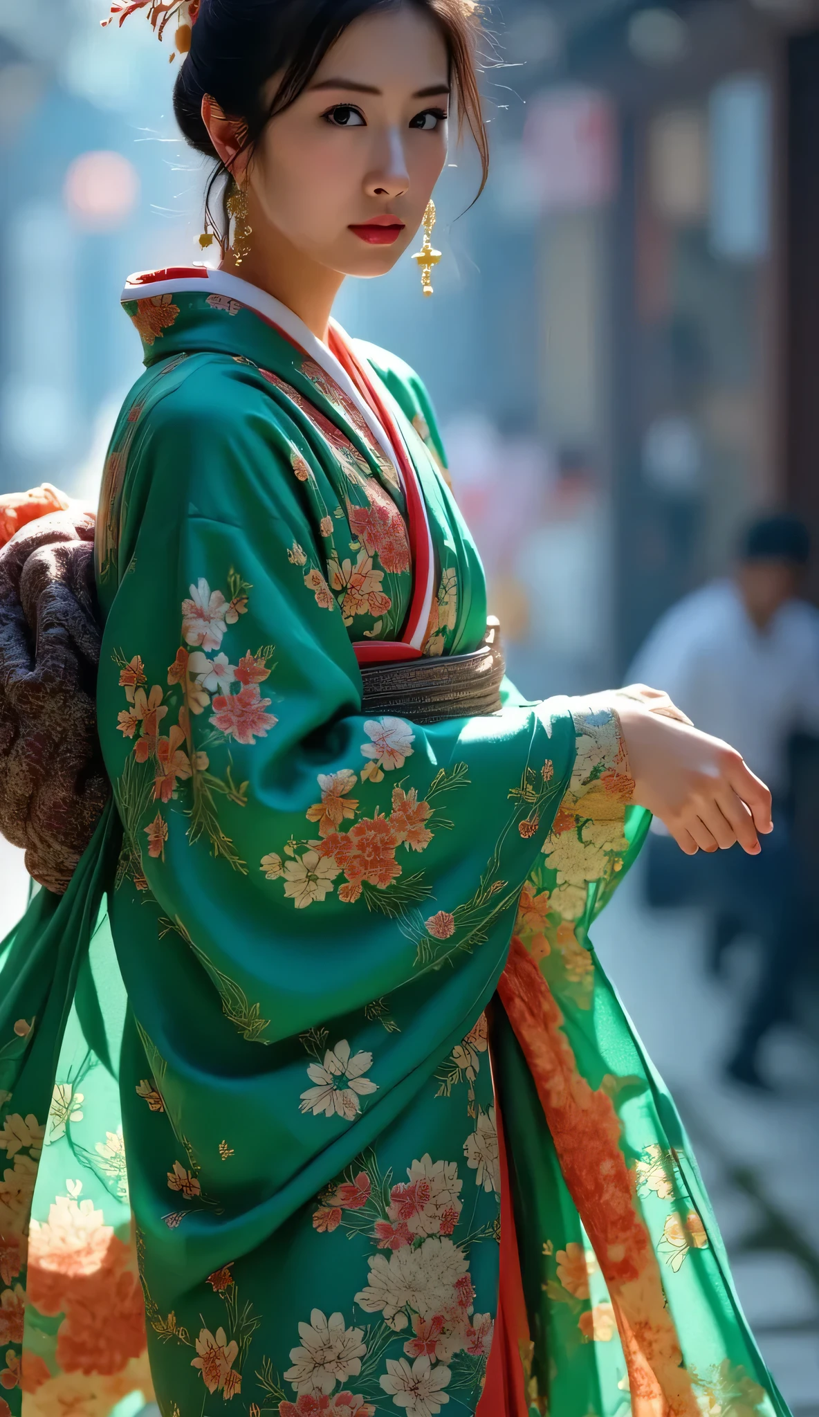 Utamaro's Ukiyo-e 、Beautiful Ukiyo-e composition、HD、4K、8k、16k、Woman uper high resolution、detailed description、A kimono with a bright white floral pattern that looks like art、(川沿いのライトupされた鮮やかな桜を見ている)、A work like the culmination of Ukiyo-e、 color difference、bewitching beautiful woman in beautiful Ukiyo-e、high image quality、 facial features 、((Spectacular natural scenery))、score_9, score_8_up, score_7_up,high res photos, masterpiece, best quality work, great quality, very detailed, Complicated Details, sharp detail、Focus on Your FACE, perfect hands, perfect anatomy, detail hand , detailed finger,Japanese、Outdoors、、髪はup、It goes well with kimonos、((A beautiful night view of cherry blossom trees in full bloom along the riverside lined with red lanterns))、A beautiful woman with a seductive expression、Cherry blossom petals are falling、((Beautiful night view of illuminated cherry blossom trees in full bloom along a river lined with red lanterns))、A seductive kimono