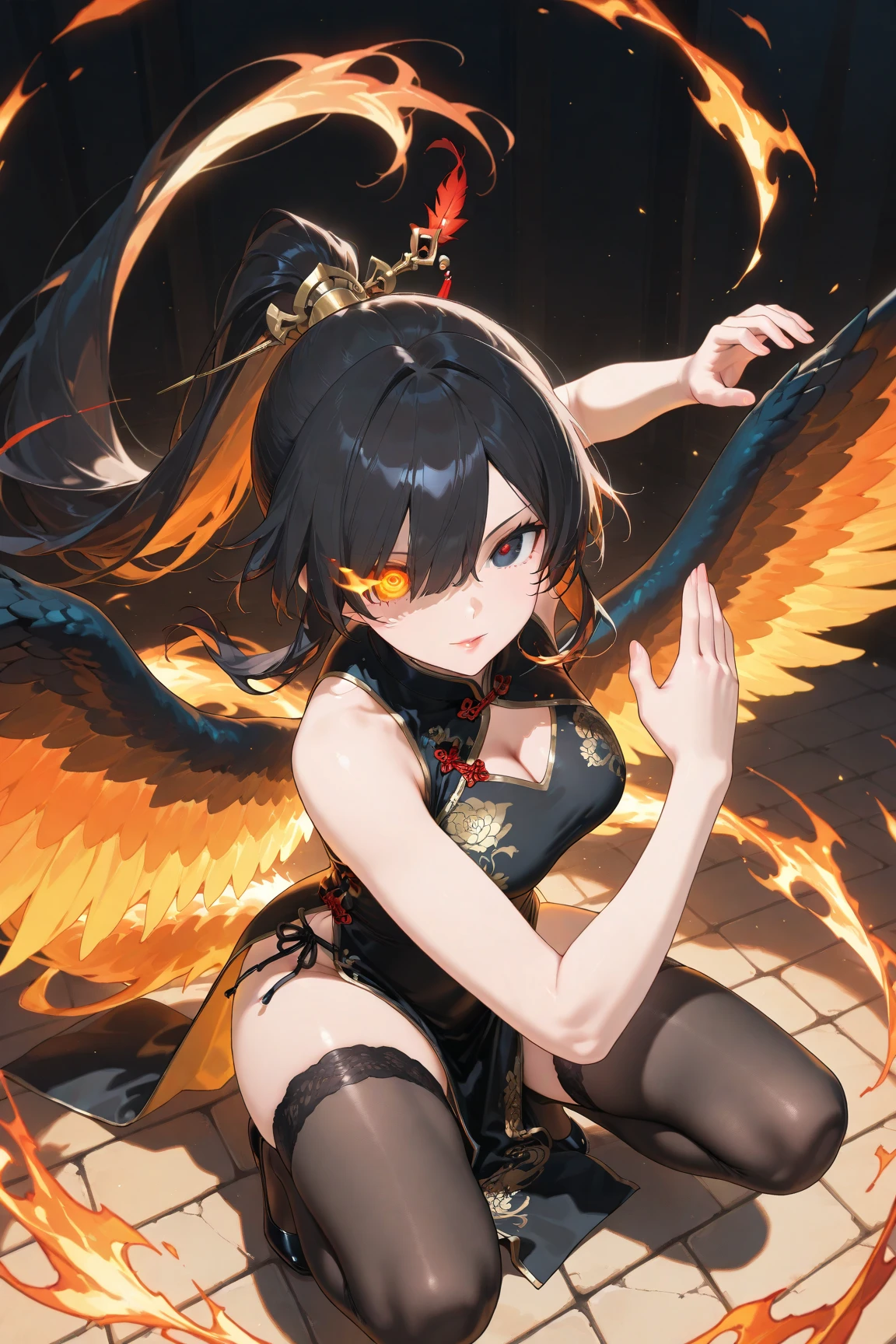 Highest quality　Highest quality　Draw a face carefully　High-definition anime-style face　Super Glowing Skin　Long black hair　Brown leotard　Golden pantyhose　Succubus　lure　smile　squat　Show the soles of your feet　Close up of the soles of the feet