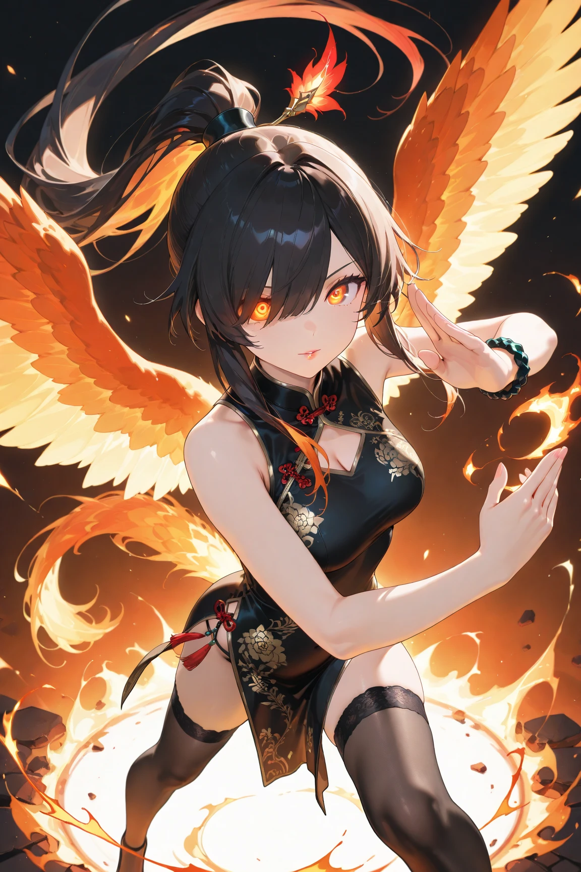 1 girl, alone, Full body, sexy body, WINGS ON HER BACK, FIRE WINGS, belly showing, Big Breasts, long hair, Full HD quality, black hair with NEON RED highlights, Bangs between eyes, neon green eyes, face sexy, short jacket, slightly open jacket, Navel, Navel exposed, short shorts, Slightly open, fire element coming out of his hands, fire element in his hand, Full HD quality, ELEMENTAL FIRE AURA AROUND THE BODY