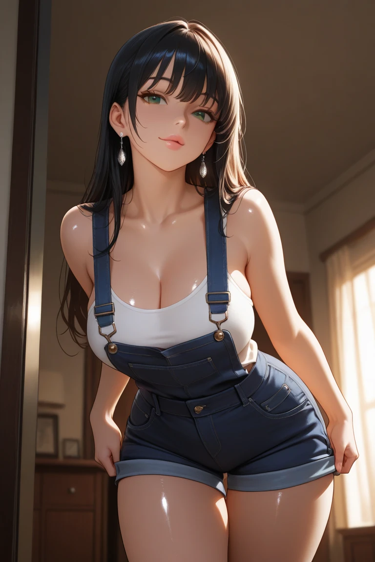 Girl in blue overalls, oil stains on overalls, Naked, Sexy black hair, long hair, Big breasts, Hot girl, Seductive smile, Seductive pose, hands behind the Head, full body, first-person view, wide shot, wide-angle, masterpiece, high details, best quality, HD, realism, Nikon, standing in car garage.