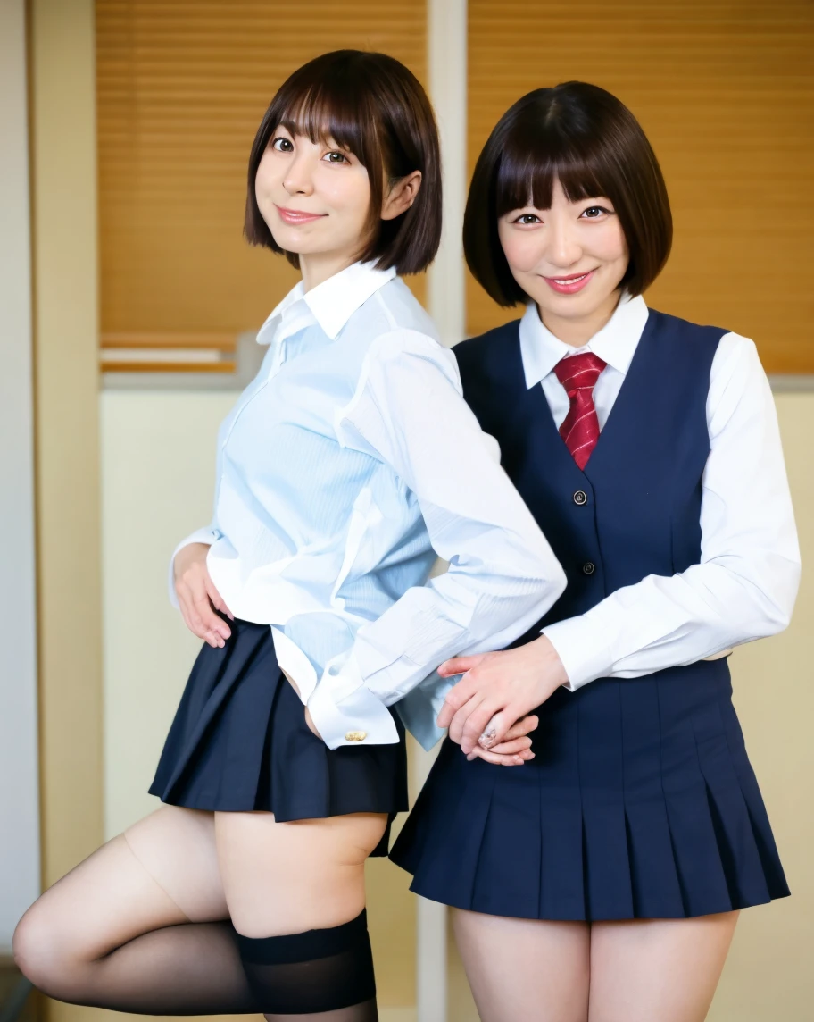 Sukezoma, Rendering with Octane, Hmph, (Very detailed:1.15), (Soft Light, sharp:1.2), (((duo,Two women wearing blouse and skirt suits,smile、Age 25、Company uniform、Office Lady))),Beautiful girl, Hyper Detail Eyes, mature,mini skirt、Focus on the face, Beautiful face,