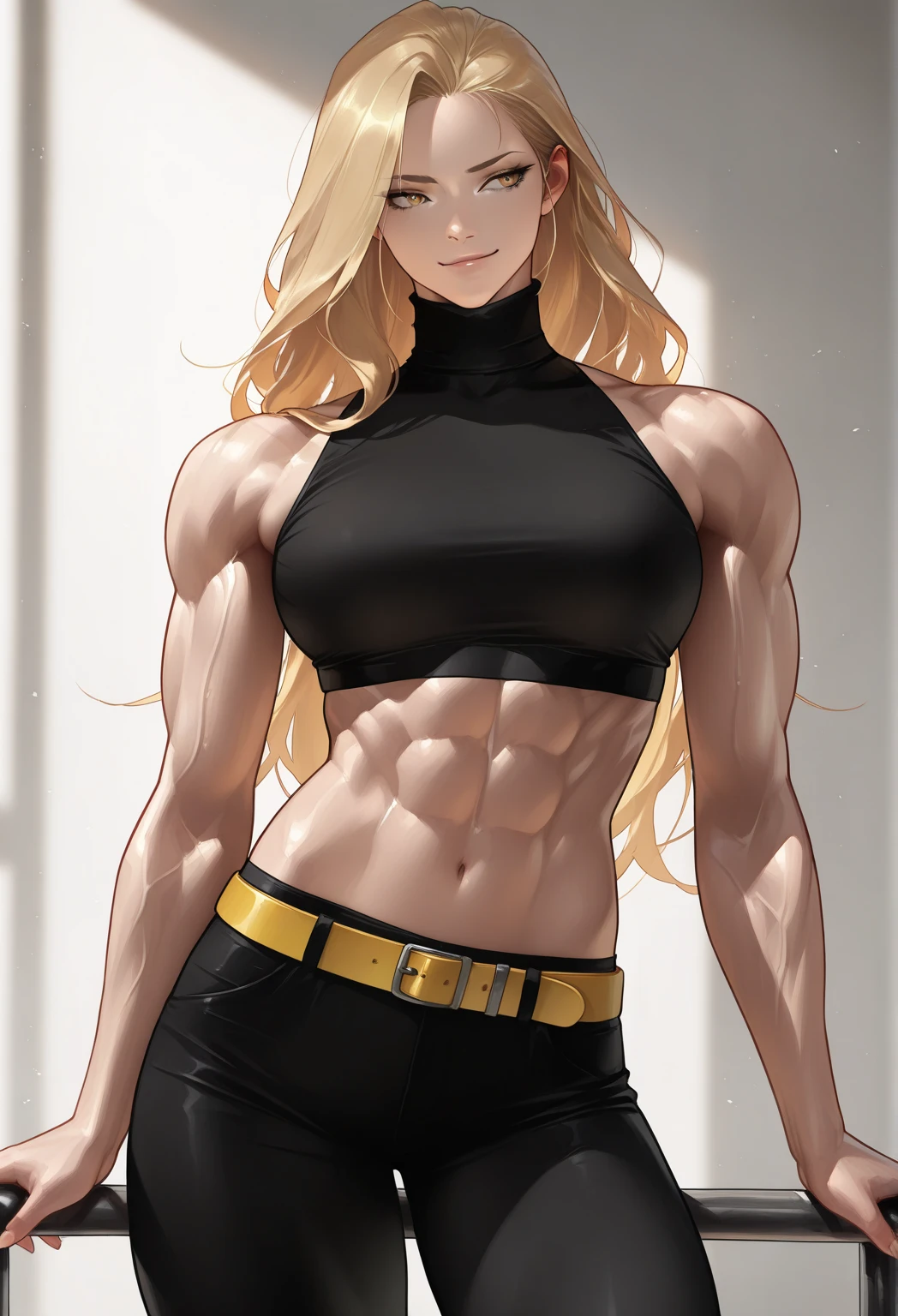 8k,An elf woman who serves as the vice-commander of the Brave Knights..,so beautiful(Like the real thing),Green Eyes,Elf Ears,Blonde Straight Hair,Muscular and slim body,Strongly defined abdominal muscles,Luxurious black exterior,Luxury Black Combat Pants,Very big smile,Long, narrow eyes,masterpiece,Photorealistic RAW photos of the highest quality。Bright colors,Rich colors, Backlight, Cinema Lighting, Film Grain, to be born, 50mm lens, Nikon D850,Realistic Skin,Fantasy art,Character Art,Ultra-high resolution,Realistic scale skins,Perfect hand shape,View your viewers,Beautiful expression,1 comb'hair,Very small breasts,Gorgeous black very small chest armor,Luxurious black shoulder pad,Luxurious black gauntlets,Luxurious black armour,Luxurious black leg armor,View your viewers,Thin breastplate,Top view,close,Sharp Eyes,Dynamic fighting pose,Very small breasts,German,Muscular Beauty,Hard and strong abs,Makeup,