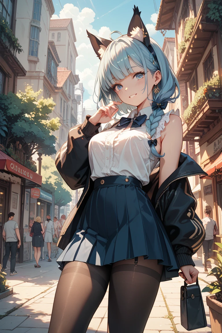 ((masterpiece,Highest quality:1.3,best quality illustration)),(realistic),cowboy shot,独奏,1woman,(Mature Beauty),light blue hair,short hair,bangs,gray eyes,(gorgeous eyes),((very small head)),shy,((very long body,skinny)),medium breasts,((Navy blue baseball jacket、White pleated mini skirt)),gleaming skin,oily skin,slender body,sweat,standing,on street,Shibuya Station、nsfw,