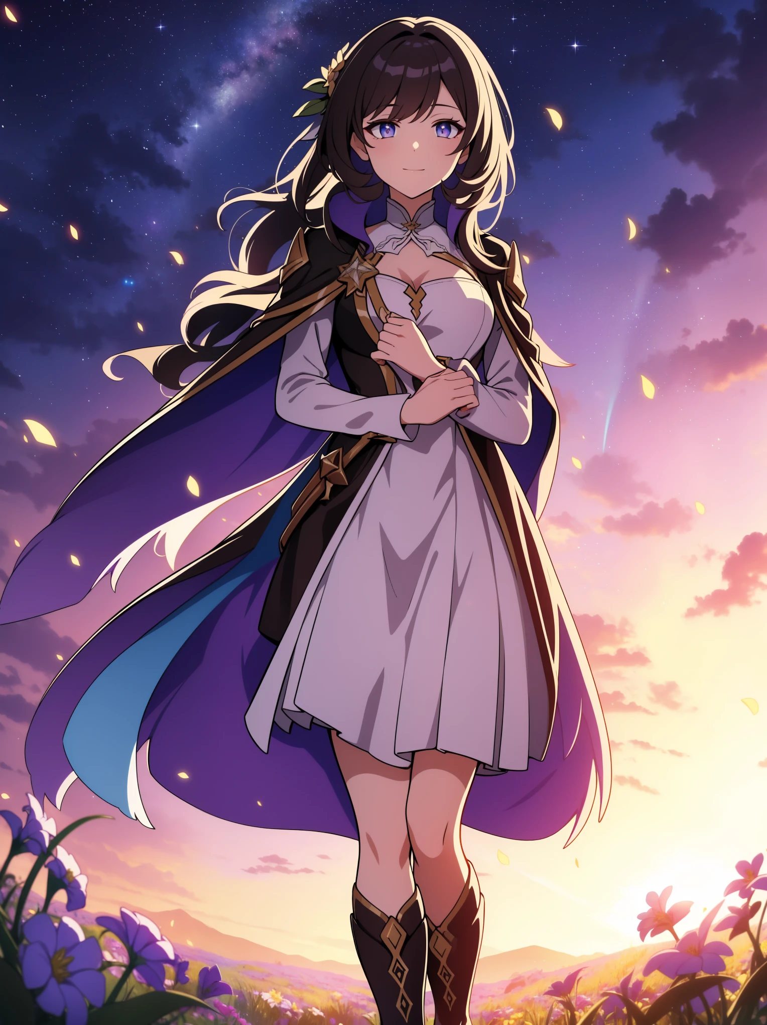 (high-quality, breathtaking),(expressive eyes, perfect face) portrait, 1girl, female, solo, young , black hair, pink eye color, medium hair length, soft wavy hair, gentle smile, loose hair, side bangs, looking at viewer, portrait, medium full shot, happy expression, ribbon in hair, flower in hair, fantasy clothing, elegant, mature, height 4"3, adventurer attire, warlock attire, warlock profession, short height, Dungeons & Dragons character, jacket, dress, cape, winged cape, Firefly Honkai Star Rail Character, starry sky, dawn in the distance, shooting stars, backgroound, flower field, scenary, cloudy sky, grass, trees, flower petals, leafs, blue flower, purple flower, white flower, field, standing in field of flowers