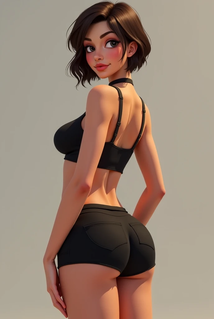 Sexy, slim iranian woman with gray eyes and a sexy pose, dressed in super hot short shorts from behind