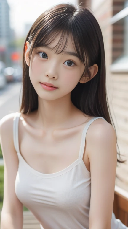 masterpiece, highest quality, 8k, 20th Generation, Big Breasts, cute, alone, sad, cute, Girlish, cute、Delicate girl, Pure beauty,  RAW Photos, Professional photography, Portraiture, Soft Light, Professional Lighting, Backlight, Upper Body, avert your eyes, Sophisticated, Film Grain, (Round face、Young Face、Thin eyebrows、Thin lips:1.0), Floating Hair, beautiful, Flowing hair, bangs, White blouse、pastel cardigan、(Big Breasts:1.2)、I can see a little cleavage、dolly make、Heterochromia iridis、Left and right eyes are different colors、Focus on the nipples