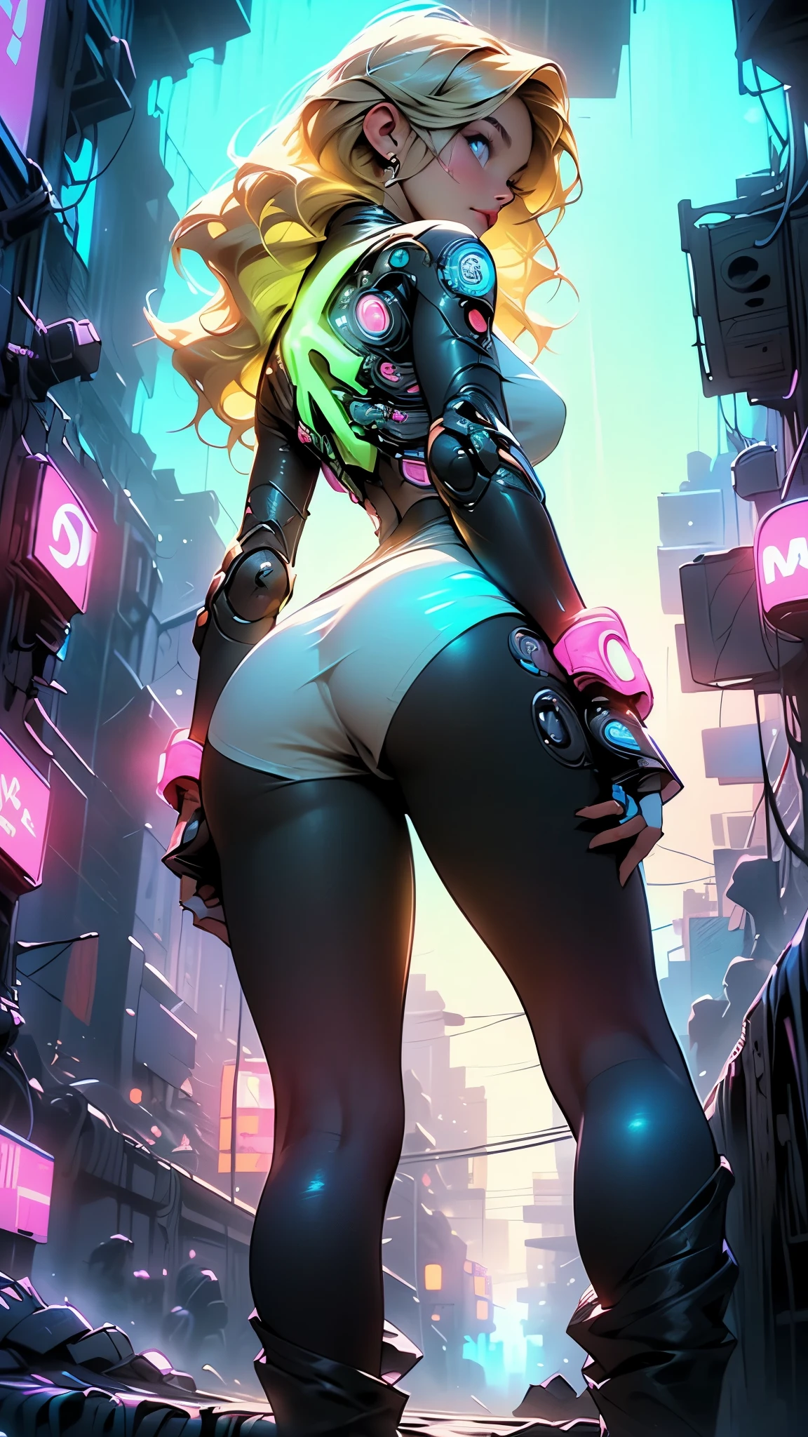 Hyper realistic super detailed sexy Mitsuri Kanroji, NSFW, Very detailed, expressions faciales sexy, seductive facial expressionace detail: 1.4): 0.4], 16K resolution, 4k resolution, dinamic lighting, High definition resolution, (sexy pose, Position attrayante), (hyper realistic: 1.4), (back light: 1.2), (sun light: 1), (pleine hauteur: 1.8),(contrasting background: 1.5), (Anatomy of the hyperrealistic arm), (Hyperrealistic anatomy of the legs), (peau propre), (lighting cinematic: 1.7), (intime), (Technologie NVIDIA RTX Ray Tracing), (Ventre plat parfait), (image couleur),Create a 4K resolution, ultra-realistic, and extremely detailed artwork featuring a Mitsuri Kanroji in a corporate office setting with a provocative style. Mitsuri Kanroji  the central character in the artwork. She stands in front of a big glass window of a modern office offering a cityscape view.

 ((Mitsuri Kanroji (demon slayer))), a girl with long green-pink gradient hair and green eyes, green hair, gradient hair, multicolored hair, long hair. Sha has a commanding presence. She has a provocative yet professional silhouette, with a tailored business suit that subtly emphasizes her figure. Her makeup  bold, with striking red lips and a gaze that demands attention.

She  dressed provocatively,  a bold fashion statement. yellow leotard, orange leotard, bare shoulders, a touch of glamour to her overall appearance. shy and faint smile