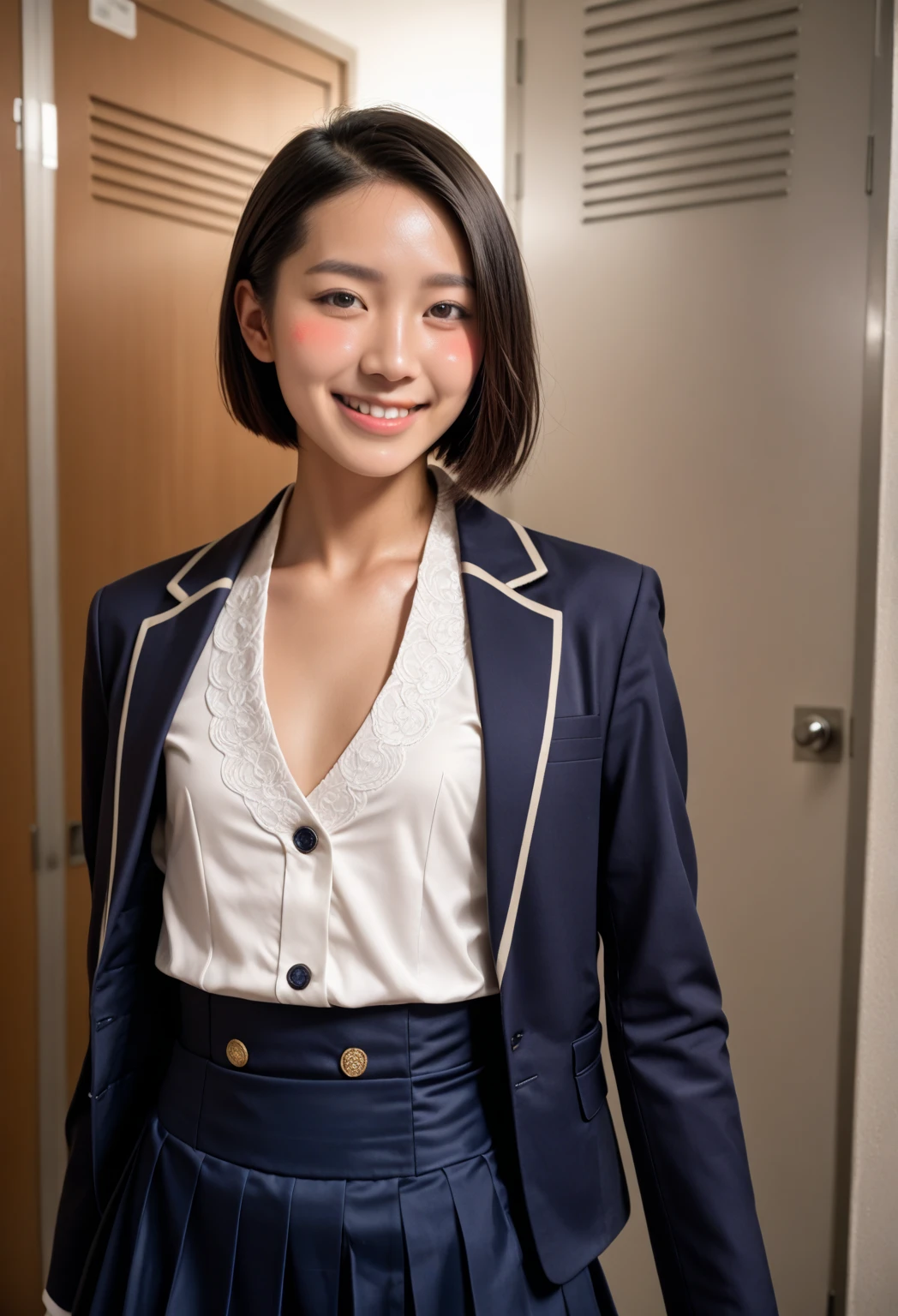 (((leaning forward:1,bent over:1))),Inside a suit shop,(My skin is wet with sweat..5),(Wearing a shirt:1.3),Suits lined up,looking at the camera,Cleavage,A big smile,Skirt Lift、Lift your skirt with your hands,woman, 20-year-old, Short Hair、bangs、(Plain suit skirt),(White lace panties)、Cute earrings,Natural lighting