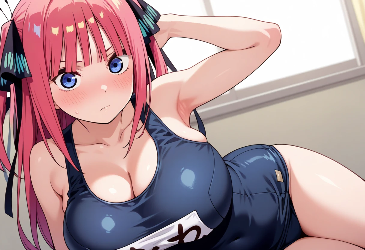best quality, insanely detailed, nino nakano, breasts, blush, bedroom background, looking at viewer, pussy, smile, school one-piece swimsuit, cheerful eye, Gymnastics leg spread