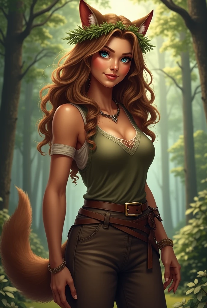 realistic female werewolf posing for a photo, wavy brown hair, green eyes, with many details, beautiful sensual neckline, medium breasts, 8k artgerm bokeh, fanart best artstation, render photorealistic, art in the style of guweiz, inspired by WLOP, ig model | artgerm, detailed portrait, stunning portrait, beautiful portrait, deviantart artstation cgscosiety