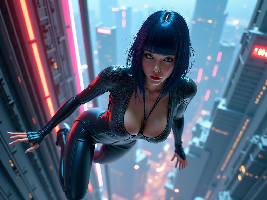 8K, Raw photo, highest quality, masterpiece, Full body, aerial view, cinematic lighting,| Miranda May Kerr stands tall in a white Cyberpunk uniform with pants full armor, and her dark brown hair cascading down her shoulders. Her ultra-detailed face with beautiful features shines in the dimly lit cyberpunk setting. The sleek uniform accentuates her medium height and slender athletic figure. She wears it confidently, showcasing breasts beneath. Dynamic shooting poses to showcase her agility as she moves through the futuristic landscape.
