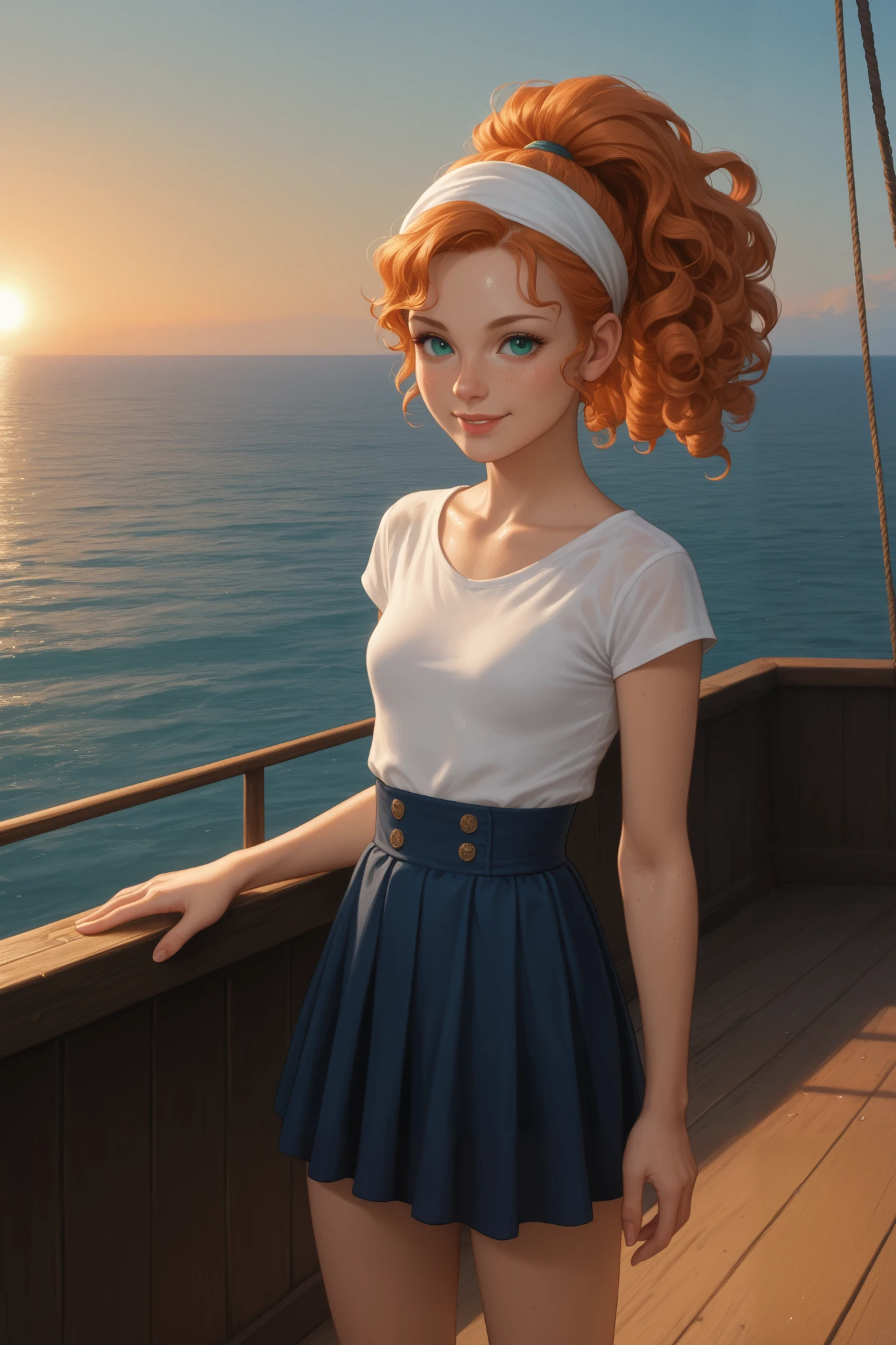 midnight, Beautifal woman, 18 years old, ,light orange hair, ponytail, curly hair, , teal eyes, lots of freckles, pale white skin,standing, background is the deck of a wooden ship, wearing skirt and shirt and bandanna on her head, ocean in background,all wet, shiny skin,smiling , wet body, thin waist, skinny body, small breasts, , long legs, moody image, colored lighting, white skin, pale, dark shadows, backlighting, rim light, dramatic scene