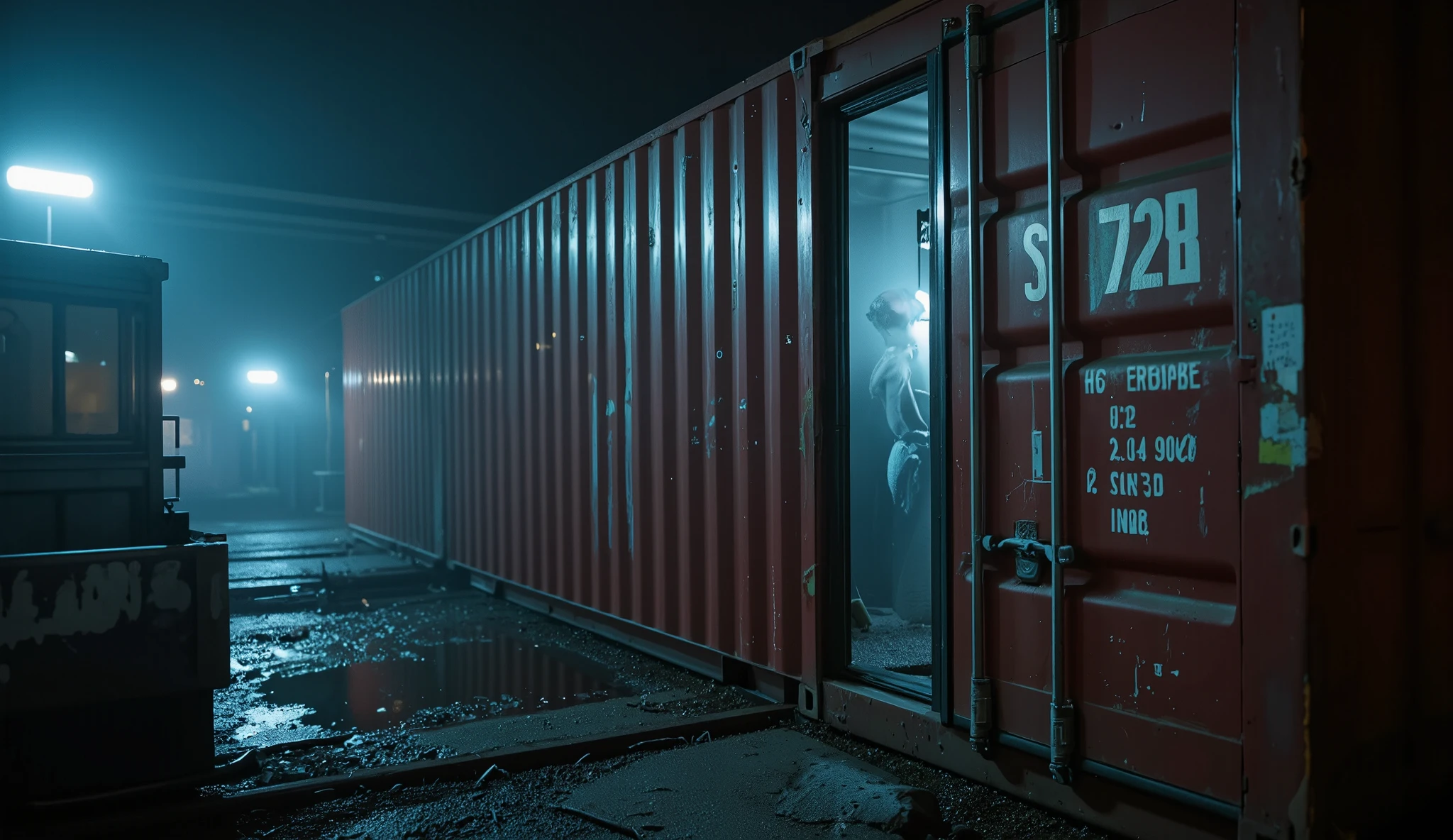 SCP-728, referred to as the "FOREVER ROOM" in SCP lore, is a red, weathered, 12.19 m x 2.44 m x 2.90 m shipping container. Its anomaly manifests when the doors are sealed - internal space experiences a altered time flow compared to the exterior. Explore the implications of this temporal distortion, and delve into the contained entity's potential designation code: 1743551311.5626297., mysterious atmosphere and cool color tones with soft side lighting; style of high contrast between light and shadow, glow effect, light leak, bokeh