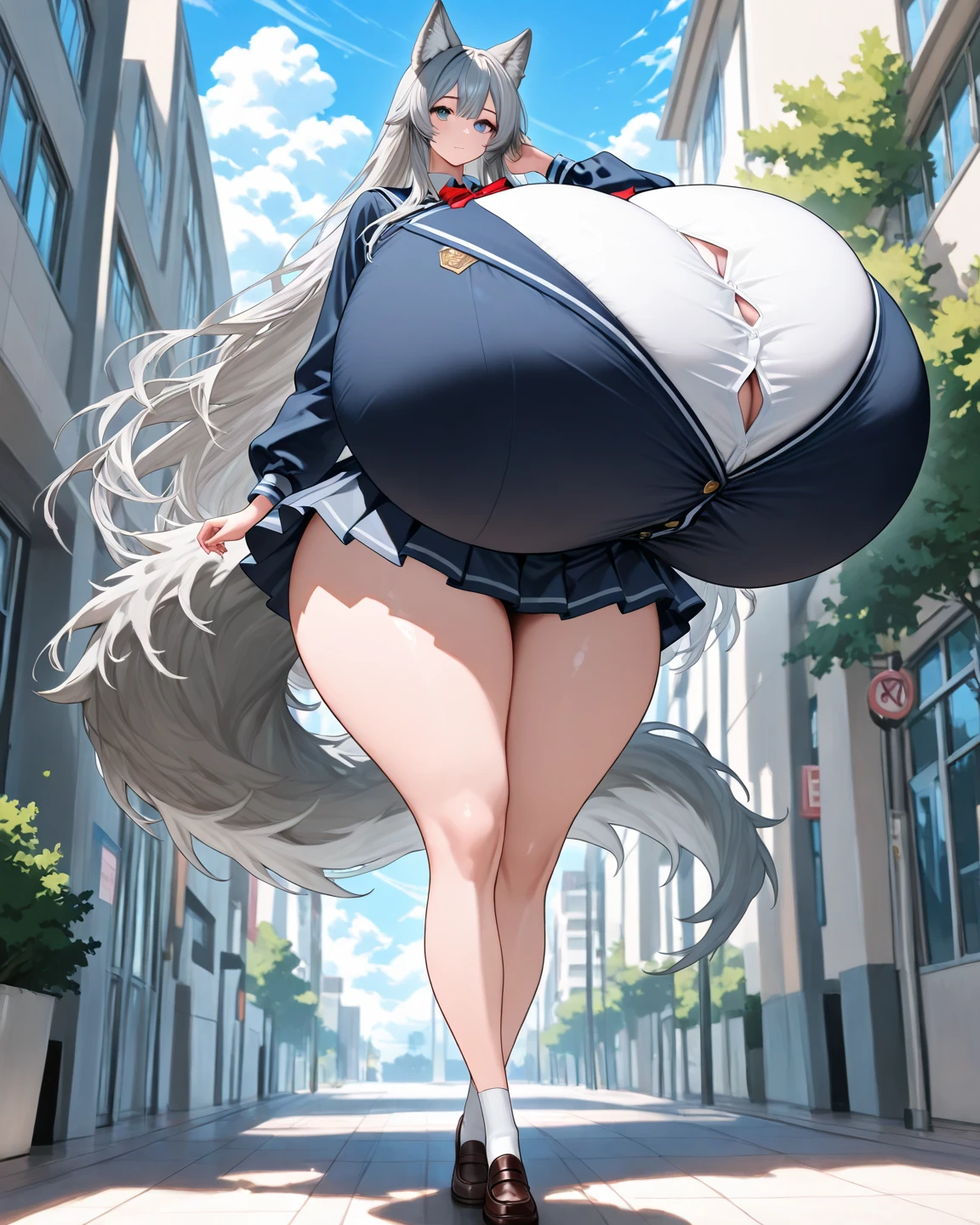 One female,breastmilk,kneeling,Woman looking down at viewer, Big woman and little man, Woman in underwear, Dwarf looking up at woman, Big woman looking at a little person, hugebreast, fullbody, Woman in the middle of undressing,  from below, panorama, anime, UHD,,Smiling face,,giantess,Poor physique,,city,microcity,