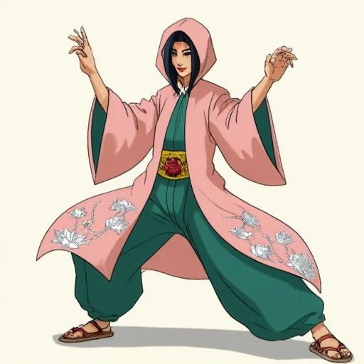 1girl, solo, japanese clothes, sash, kimono, bangs, looking at viewer, obi, gradient,Tron Bonne (Mega man)