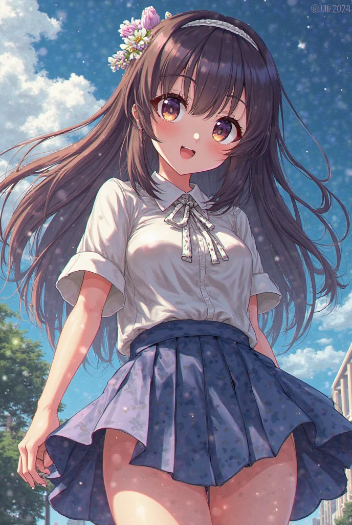 ((Tabletop, highest quality, High resolution, Hmph, Pixel perfect,  4K, Hmph, Hmph))), One Girl, single, alone, Beauty、The whole body is visible、 ((Mid-wave hair, bangs, Brown Hair)), ((Brown eyes, Beautiful eyelashes, Realistic eyes)), ((Detailed face, Blushing:1.2)), ((Smooth texture:0.75, Realistic texture:0.65, Realistic:1.1, Anime CG Style)), Medium chest, Dynamic Angle, Perfect body,  ((Red bow tie, , , White shirt, Black Skirt, Checked skirt))、Station stairs、the wind is strong、Very embarrassing panic smile、View from the bottom of the stairs、(The wind blew up her skirt、I can see all of her panties from the front、White panties)、Panty shot