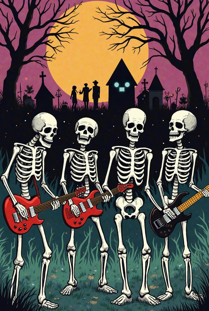 "Create a tattoo-style image featuring two punk skeleton musicians. One skeleton is singing, while the other is playing the drums. Ensure the design captures the punk rock vibe with bold lines, mohawks, and intricate details."