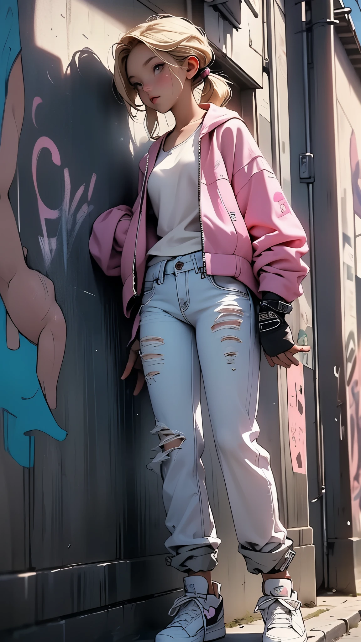 girl, 21 years old, short shoulder-length hair, pink hair color, tight white shorts, jacket