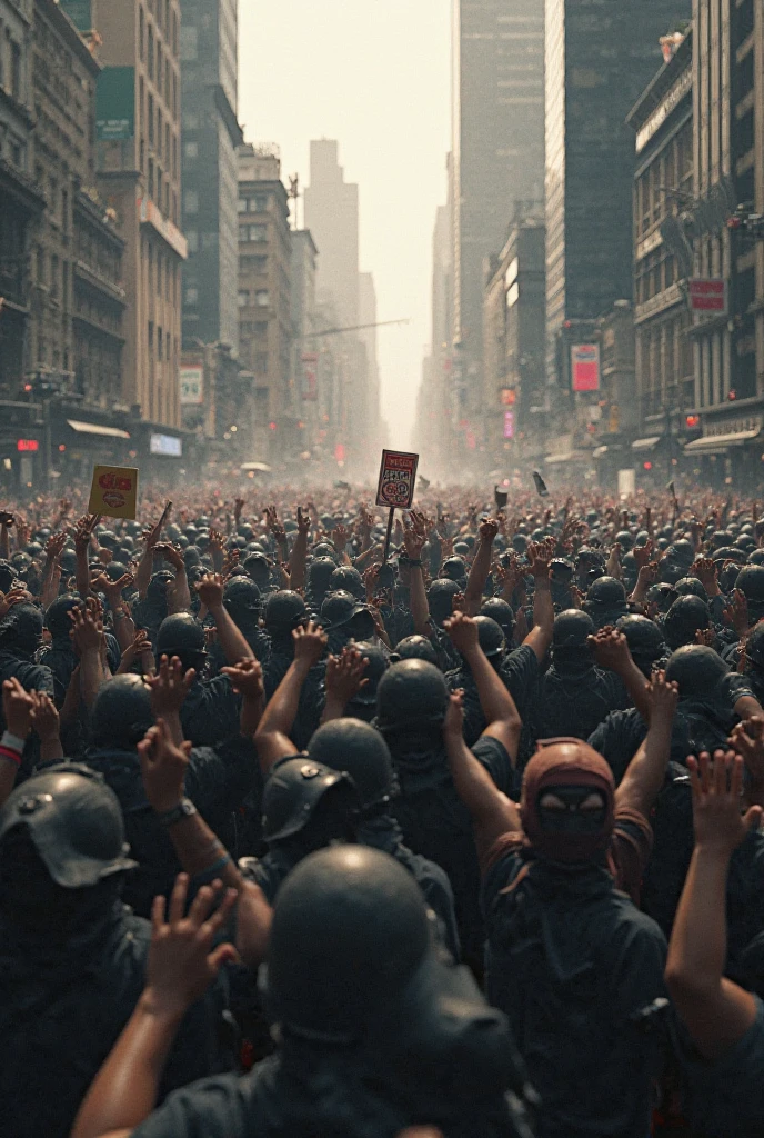 The image presents a desolate and gloomy scene, where you can see a ruined urban landscape. Decayed and abandoned buildings rise in the background, with broken glass and twisted structures suggesting a state of chaos and destruction.
Spotlight, A crowd of people stands out who appear to be demonstrating or confronting the authorities. These people have expressions of anguish, anger and despair on their faces, with some of them throwing objects or confronting uniformed security officers.
Security agents, For your part, are in training, with shields and weapons in hand, adopting a defensive and threatening posture. Their uniforms, Dark colors and military appearance, suggest a police state or an authoritarian regime.
in the middle of the crowd, You can see some people trying to flee or hide., which indicates an atmosphere of fear and repression.
What is striking in this scene is the presence of a large poster or banner that stands out in the center of the image.. This poster presents a clear and threatening message: "Use the microchip or face the consequences".
This message, combined with the violence and tension palpable in the scene, creates a feeling of oppression and despair. The image suggests a world in which the use of implanted microchips has become an authoritarian imposition., triggering a reaction of resistance and conflict on the part of the population.
The predominantly dark color palette, with grey tones, brown and orange, reinforces the feeling of a post-apocalyptic and hopeless environment.