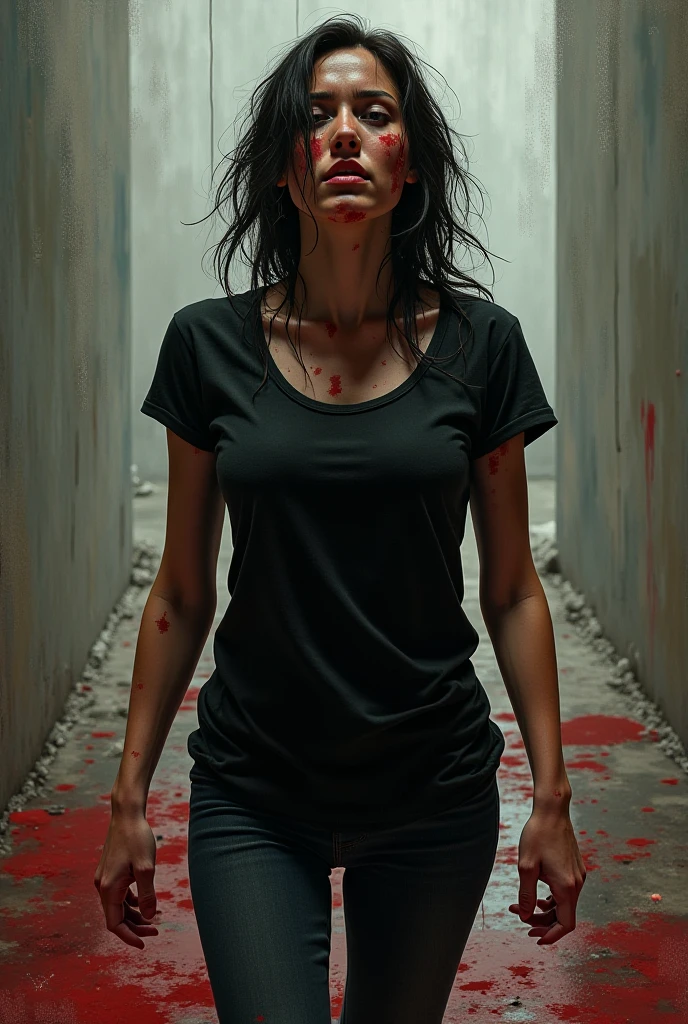A woman with blood stains and several phrases about violence against women in graffiti