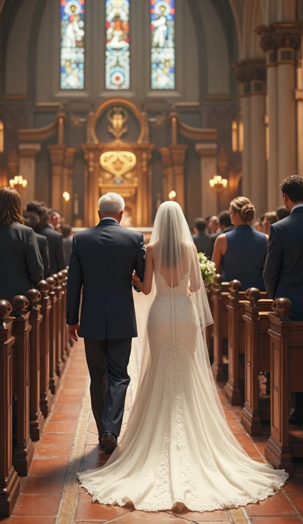 father walking bride down the isle, back facing