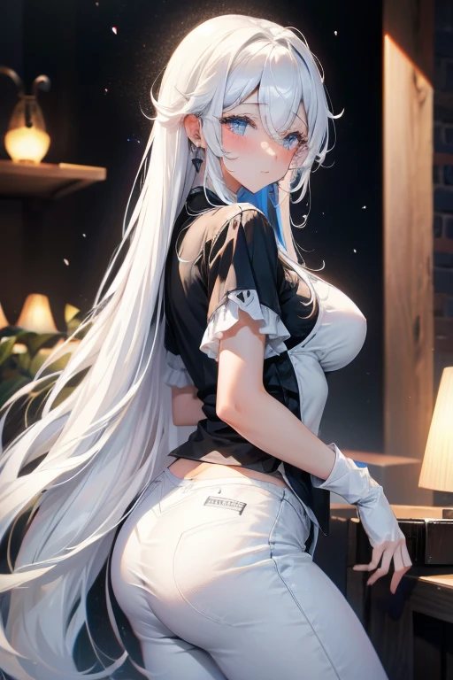 (masterpiece, best quality:1.5), (ultra detailed, high resolution, 8k, beautiful detailed, UHD, best anatomy), 1 girlfriend, white hair, medium breasts, She is pulling off a simple, solid-colored outfit, Blow-dry her hair
