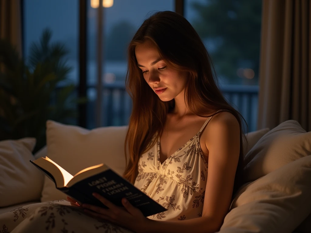 Woman reading a book in pitch darkness . lying on her bed