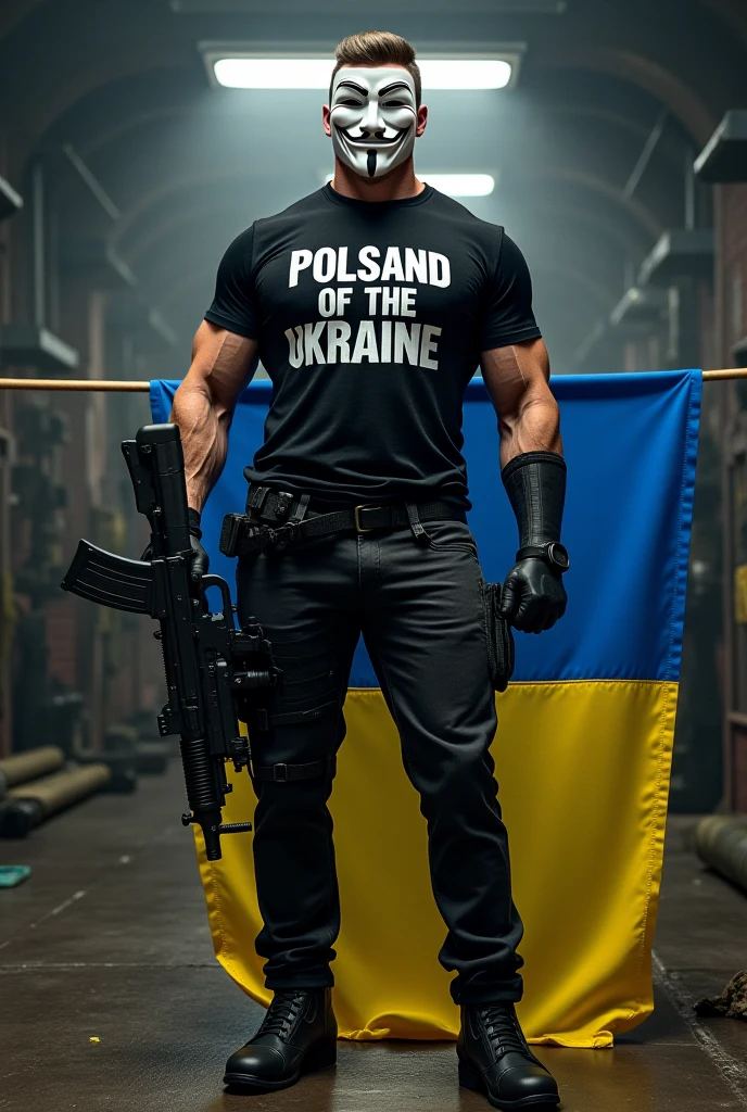 a great bodybuilder, very defined, upper-body free, on the chest a tatoo with Polish eagle With a crown.  and lettering "POLISH AND PROUD" SCHAUT ONLY in the camera, real shot, detalized.  