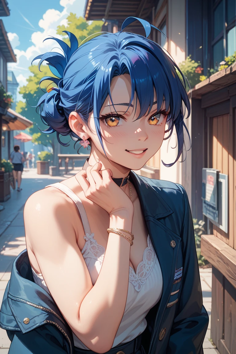 1girl,pixie_cut_hair,steelblue hair,asymmetrical bangs,bangs_pulled_back,right forehead exposed,steelblue eyes,tareme,medium breasts,casual