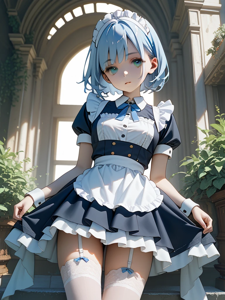 Light blue hair、short hair、Animal ears、Black maid outfit、White ribbon at chest、White socks、Light blue tail、White garter belt、Thin legischievous look、Long Skirt、light makeup、Slender figure、Small breasts、Small waist、Dim background、Confused eyes、Blue Eyes、Composition from the front、Eating pudding