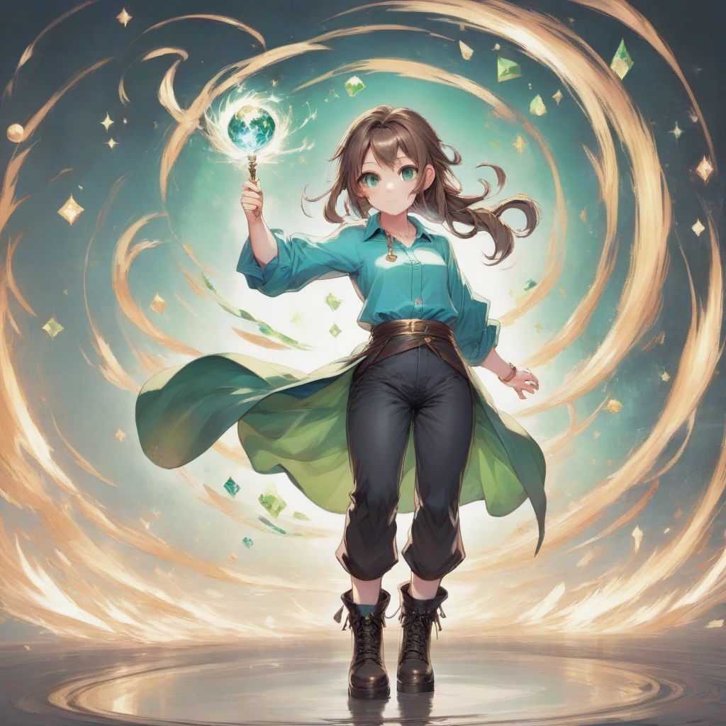 photo, masterpiece, best quality, wallpaper, 1girl, short light brown yellow-ish hair, green eyes, wizard drobe, dungeon meshi anime