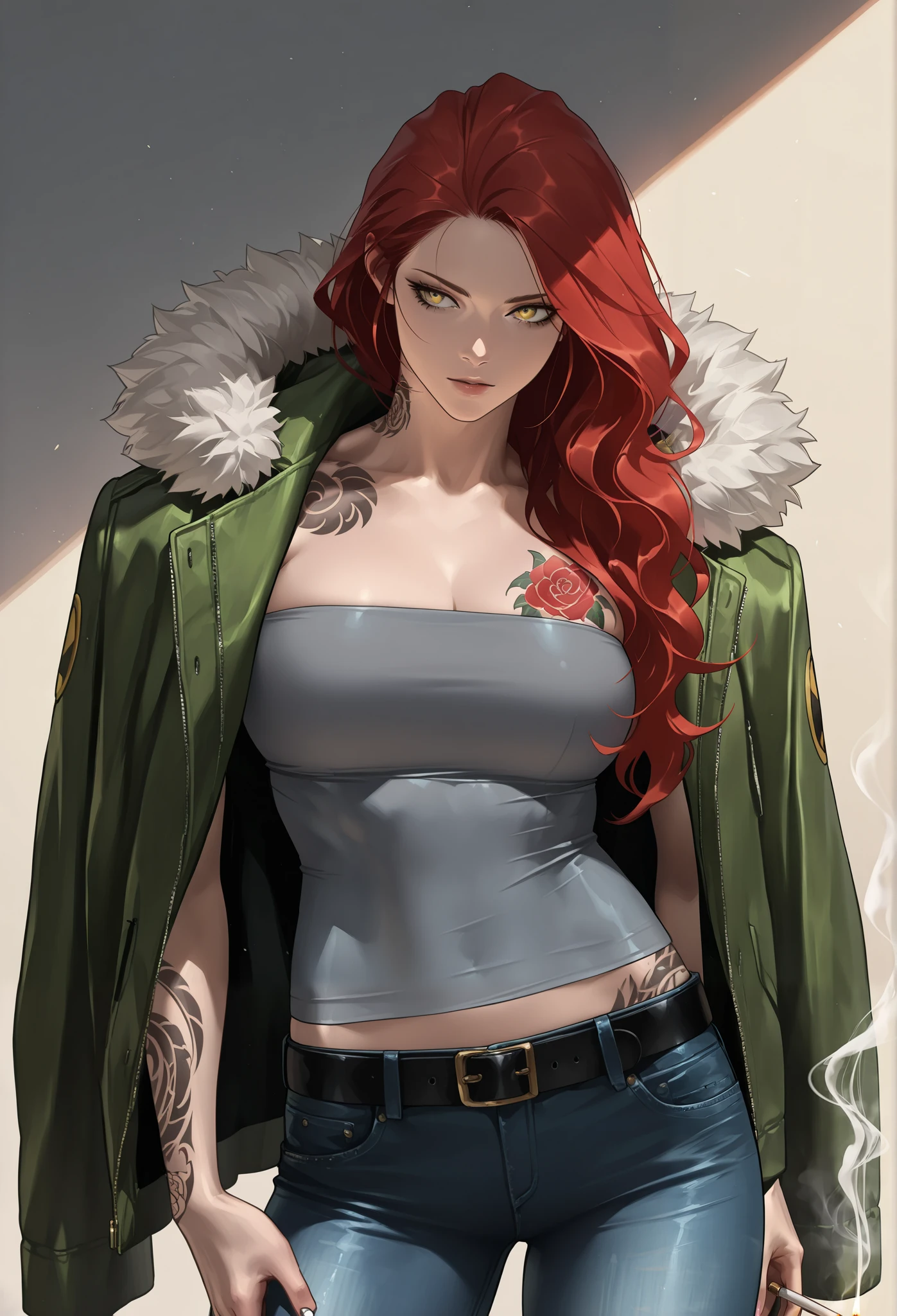 masterpiece, best quality, amazing quality, newest, very aesthetic, 1girl,Image is a digital illustration featuring an anime-style character. The character is a woman with long red hair tied back, displaying a confident expression. She has light skin and is holding a lit cigarette in her right hand, with smoke curling upwards. Her eyes are a striking yellow, adding intensity to her gaze. She is wearing a strapless gray top that reveals her muscular abdomen, and a green jacket with a fur-lined hood draped over her shoulders. Her lower body is clad in blue jeans, secured with a black belt. A tattoo is visible on her left side, depicting a colorful design. The background is plain white, emphasizing the character's bold presence and detailed features.