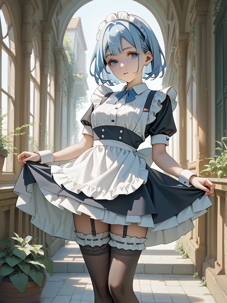 Light blue hair、short hair、Animal ears、Black maid outfit、White ribbon at chest、White socks、Light blue tail、White garter belt、Thin legischievous look、Long Skirt、light makeup、Slender figure、Small breasts、Small waist、Dim background、Confused eyes、Composition from the front、Eating pudding
