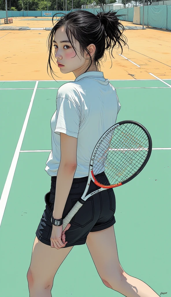 1girll，tennis player，s the perfect face，crisp breasts, Convex buttocks,Tattooed with，White sports short sleeves，Short white pleated skirt，White sport socks，White tennis shoes，Wet hair，High ponytail，body soaking wet，Swing the paddle，tennis court，Sunnyday，Clouds， Detailed background, Clothing details, perfectly proportioned, filmgrain, Fuji colors, lightand shade contrast, tmasterpiece, high detal, high qulity, A high resolution, Cinematic lighting, 8K, Textured skin, Super detail