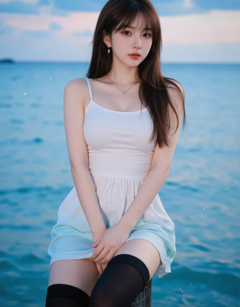 best quality, ultra high resolution, (photorealistic: 1.4), (detailed beautiful girl: 1.4), (medium breasts: 0.8), olhando_no_visualizador, detailed facial details, beautiful and detailed eyes, (brown hair), brown eyes, smile (makeup: 0.4), red lips, (full body, sitting, beach, high waves, ), very detailed clothes, (ulzzang-6500-v1. 1:0.3) \, cats, strong wind,